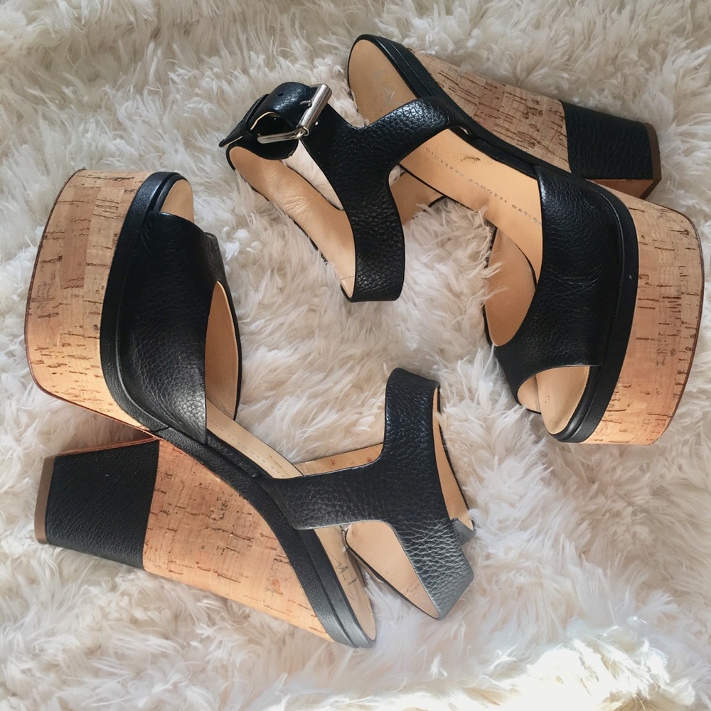 Giuseppe Zanotti Cork Heel Wedge Sandals Black